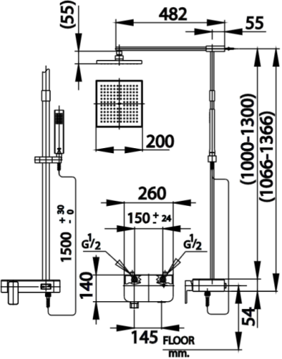 CT2241W ก๊อกผสมยืนอาบน้ำพร้อมฝักบัวสายอ่อน 3 ฟังก์ชั่นและฝักบัวก้านแข็ง ขนาด 8 นิ้ว และชั้นวางของเอนกประสงค์ (วาล์วเปลี่ยนทิศทางน้ำแบบกด) รุ่น SWITCH PANEL