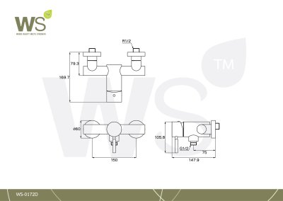 WS-0172D ก๊อกผสมยืนอาบ แบบติดผนัง รุ่น CHAOPRAYA