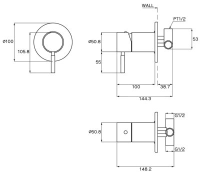 WS-0112 ก๊อกผสมยืนอาบ แบบฝังผนัง รุ่น CHAOPRAYA