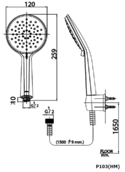 P103(HM) ฝักบัวอาบน้ำพร้อมสาย 3 ฟังก์ชั่น