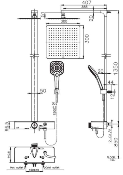 CT2307W ชุดฝักบัวระบบเปิด-ปิดและควบคุมอุณหภูมิด้วยปุ่มกด