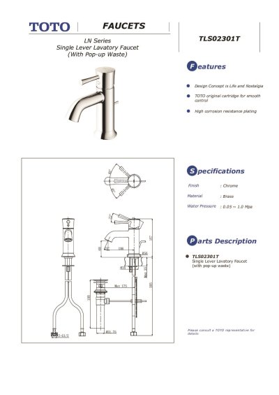TLS02301T ก๊อกผสมอ่างล้างหน้าแบบก้านโยก พร้อมสะดือป๊อปอัพ