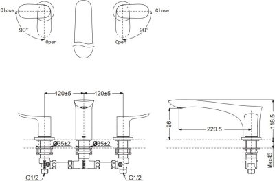 TBG01201T ก๊อกผสมสำหรับลงอ่างอาบน้ำ ชนิดติดเคาน์เตอร์ (3 รูก๊อก)