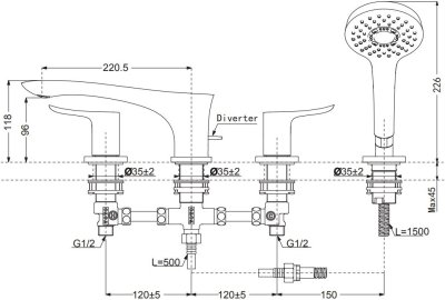 TBG01202T ก๊อกผสมสำหรับลงอ่างอาบน้ำ ชนิดติดเคาน์เตอร์ พร้อมชุดฝักบัวสายอ่อน (4 รูก๊อก)