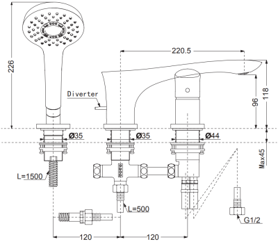 TBG01305T ก๊อกผสมสำหรับลงอ่างอาบน้ำ ชนิดติดเคาน์เตอร์ พร้อมชุดฝักบัวสายอ่อน (3 รูก๊อก)
