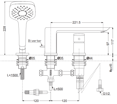 TBG02305T ก๊อกผสมสำหรับลงอ่างอาบน้ำ ชนิดติดเคาน์เตอร์ พร้อมชุดฝักบัวสายอ่อน (3 รูก๊อก)