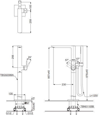 TBG02306T ก๊อกผสมสำหรับลงอ่างอาบน้ำแบบตั้งพื้น พร้อมชุดฝักบัวสายอ่อน รุ่น GR