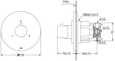 TBV01102T ชุดเปลี่ยนทิศทางน้ำ (เข้า 1 ออก 3) สำหรับก๊อกผสมชนิดฝังผนัง แบบปรับอุณหภูมิคงที่ สำหรับน้ำออก 3 ทาง *2
