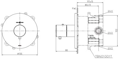 TBV01406T ก๊อกผสมชนิดฝังผนัง แบบปรับอุณหภูมิคงที่ สำหรับน้ำออก 3 ทาง *1