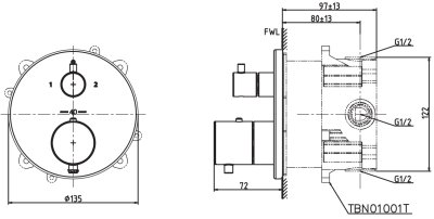 TBV01407T#BN ก๊อกผสมชนิดฝังผนัง แบบปรับอุณหภูมิคงที่ สำหรับน้ำออก 1 ทาง *1