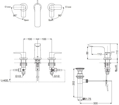 TLG04201T#PFG ก๊อกผสมอ่างล้างหน้า 3 รูก๊อก พร้อมสะดือป๊อปอัพ