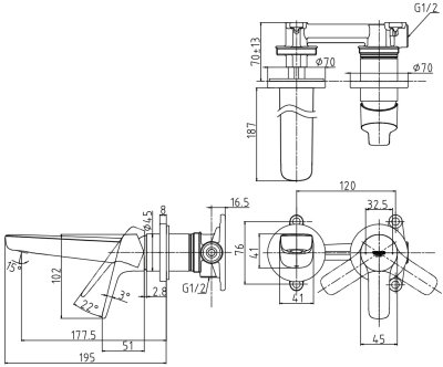 TLG03307T ก๊อกผสมอ่างล้างหน้าแบบก้านโยก ชนิดฝังผนัง (Short Spout) ไม่รวมสะดือ