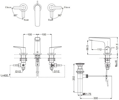 TLG03201T ก๊อกผสมอ่างล้างหน้า 3 รูก๊อก พร้อมสะดือป๊อปอัพ