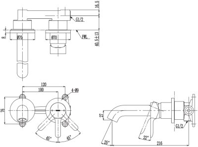 TLS01309T ก๊อกผสมอ่างล้างหน้าแบบก้านโยก ชนิดฝังผนัง (Short Spout) ไม่รวมสะดือ