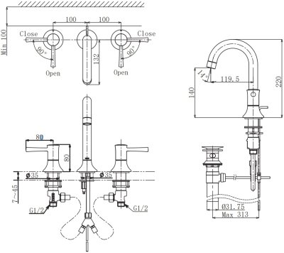 TLS02201T ก๊อกผสมอ่างล้างหน้า 3 รูก๊อก พร้อมสะดือป๊อปอัพ