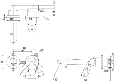 TLS03308T ก๊อกผสมอ่างล้างหน้าแบบก้านโยก ชนิดฝังผนัง (Long Spout) ไม่รวมสะดือ