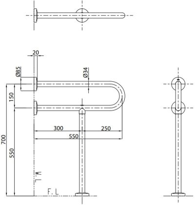 T113BP21 ราวจับสำหรับอ่างล้างหน้า (ความยาว : 550 มม, ø 34 มม.)