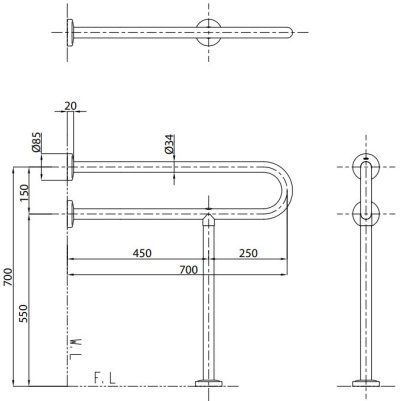 T113BP22 ราวจับสำหรับอ่างล้างหน้า (ความยาว : 700 มม, ø 34 มม.)
