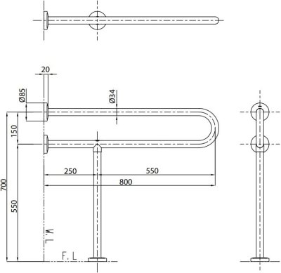 T113BP23 ราวจับสำหรับอ่างล้างหน้า (ความยาว : 800 มม, ø 34 มม.)