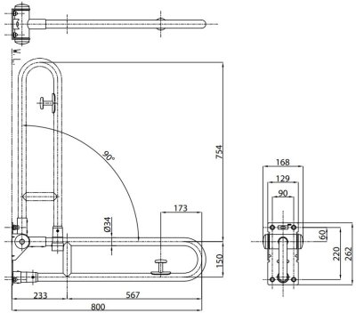 T113HK8R ราวจับแบบพับได้ (ความยาว : 800 มม, ø 34 มม.)