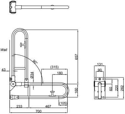 T114HK7R#NW1 ราวจับแบบพับได้ ความยาว : 700 มม, ø 34 มม. ไม่รวมอุปกรณ์ติดตั้ง (T110D17S x 1 ชิ้น)
