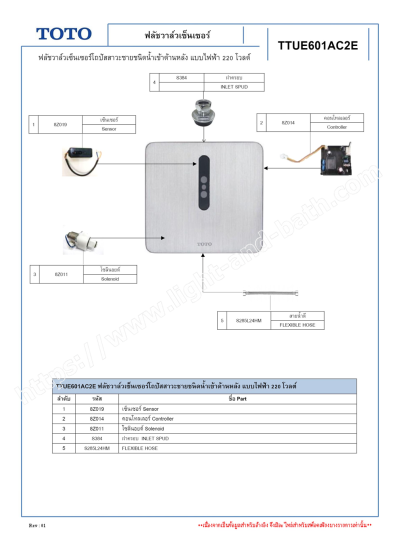 TTUE601AC2E ฟลัชวาล์วเซ็นเซอร์โถปัสสาวะชาย ชนิดน้ำเข้าด้านหลัง (ใช้ไฟฟ้า 220V) ใช้น้ำ : 0.5 ลิตร