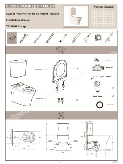 TF-2626SC-WT-0 (CL26265-6DACTCB) สุขภัณฑ์ แบบสองชิ้น 3/4.5 ลิตร รุ่น CYGNET