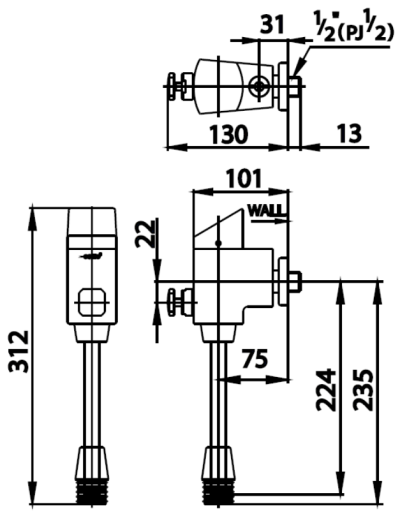CT477P ฟลัชวาล์วโถปัสสาวะชายชนิดกดแบบมีวาล์วเปิด-ปิดน้ำ (ระยะติดตั้ง 75 มม.)