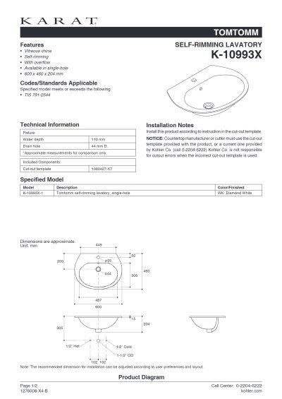 K-10993X-1-WK อ่างล้างหน้า แบบฝังบนเคาน์เตอร์ รุ่น TOMTOMM