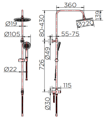 KRS-039-000-55 ชุดฝักบัว Rain Shower พร้อมที่สลับทางน้ำ (Diverter) และฝักบัวสายอ่อนปรับน้ำ 3 ระดับ และสายข้อต่อเข้าก๊อก สีดำ (ไม่รวมก๊อกน้ำ)