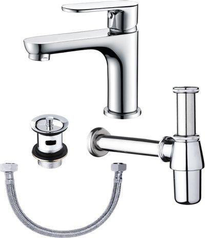 KFA-030-610 ชุดเซ็ทก๊อกเดี่ยวอ่างล้างหน้าแบบก้านโยก สะดืออ่าง ท่อน้ำทิ้ง และสายน้ำดียาว 16 นิ้ว