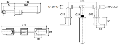 K-45222X-CP ก๊อกผสมอ่างล้างหน้า แบบติดผนัง 3 รูก๊อก รุ่น POSH PLUS