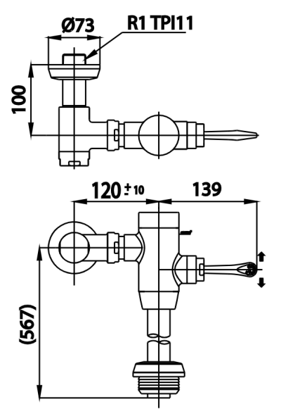 CT457XNS(50CM.) ฟลัชวาล์วโถสุขภัณฑ์มีล็อคในตัวชนิด TOP INLET