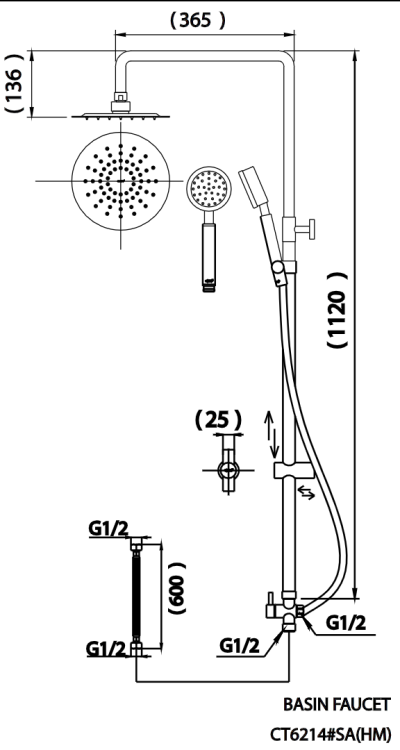 CT6214#SA ชุดท่อลอยพร้อมฝักบัวสายอ่อน ฝักบัวก้านแข็งขนาด 8 นิ้วและสายน้ำดี