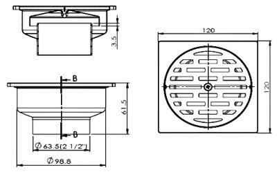 PM642Z3P(HM) ตะแกรงกันกลิ่นสเตนเลสเหลี่ยมติดตั้งกับท่อพีวีซีขนาด 2.5-4 นิ้ว (หน้าแปลน 4.8 นิ้ว)