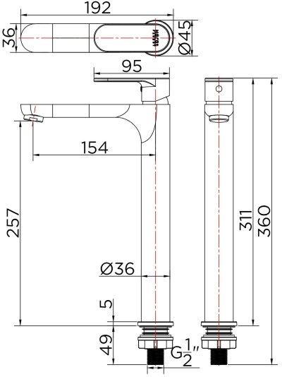 KF-58-611-55 ก๊อกเดี่ยวอ่างล้างหน้าทรงสูงแบบก้านโยก สีดำ (ไม่มีป๊อบอัพ)