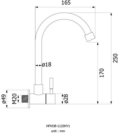 HFHOB-1120HY1 ก๊อกอ่างล้างจาน คอสวิง ท่อน้ำโค้ง แบบออกผนัง รุ่น 1120HY1