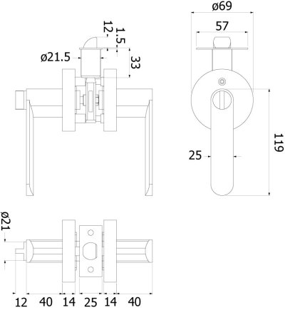 HQ446-TL01BK มือจับก้านโยก สำหรับห้องน้ำ แบบไม่มีลูกกุญแจระบบ TUBULAR LOCK