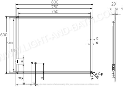 MNL002 กระจกเงาแบบไม่มีกรอบ พร้อมไฟ LED ระบบไล่ฝ้า และ USB CHARGER 600x80