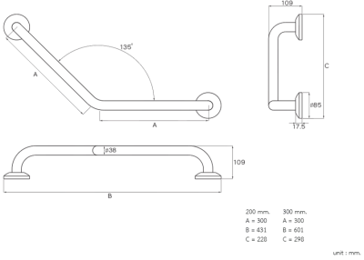 HR-1101-3-30 ราวกันลื่น แบบตัว V (135 องศา) ขนาด 30x30 ซม. ขนาดเส้นผ่านศูนย์กลาง (OD) 38 มม. ผิวเงา