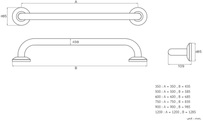 GB-6327-3-120 ราวกันลื่น ความยาว 120 ซม. ⌀ 38 มม. ผิวเงา