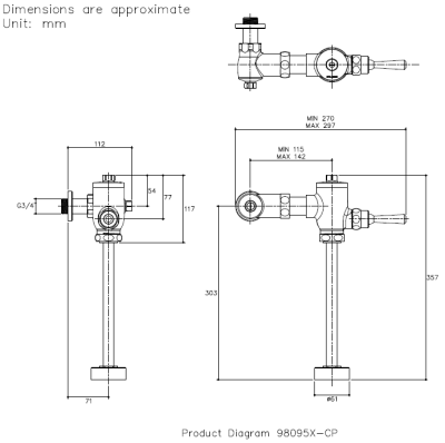 K-98095X-CP ฟลัชวาล์วโถปัสสาวะชายแบบรูน้ำเข้าด้านบน