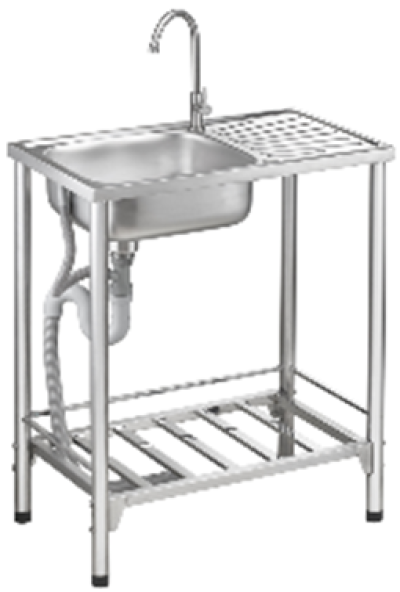 PST75 อ่างล้างจาน 1 หลุม 1 ที่พัก สเตนเลส สตีล พร้อมขาตั้ง ตะแกรงวางภาชนะ และราวกันตก 3 ด้าน สะดือขนาด 3.5 นิ้ว แถมฟรีก๊อกน้ำเย็น