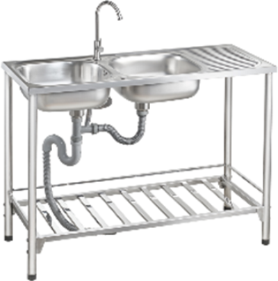 PST120 อ่างล้างจาน 2 หลุม 1 ที่พัก สเตนเลส สตีล พร้อมขาตั้ง ตะแกรงวางภาชนะ และราวกันตก 3 ด้าน สะดือขนาด 3.5 นิ้ว แถมฟรีก๊อกน้ำเย็น