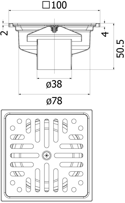 FUVHU-W002AS ตะแกรงกันกลิ่นสี่เหลี่ยม 4" ฝาเหลี่ยม ท่อ 2"