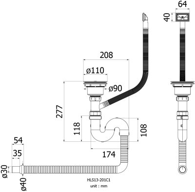 HLS13-201C1 ชุดสะดืออ่างแบบ C ขนาด 3.5 นิ้ว สำหรับอ่างล้างจาน 1 หลุม