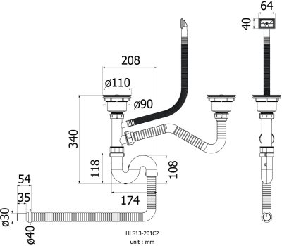 HLS13-201C2 ชุดสะดืออ่างแบบ C ขนาด 3.5 นิ้ว สำหรับอ่างล้างจาน 2 หลุม