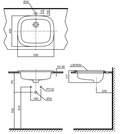 L763 อ่างล้างหน้า แบบฝังบนเคาน์เตอร์ รุ่น BASIC PLUS