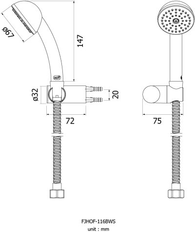 FJHOF-116BWS ฝักบัวพลาสติกด้ามโค้งสีขาว 2 1/2"พร้อมสายSUS รุ่น JOLLY