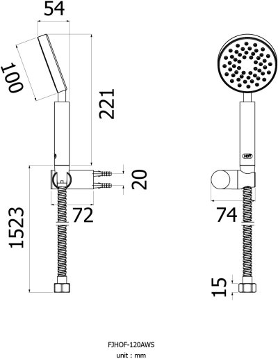 FJHOF-120AWS ฝักบัวมือถือด้ามโค้ง4"สีขาว พร้อมสายSUS และขายึด